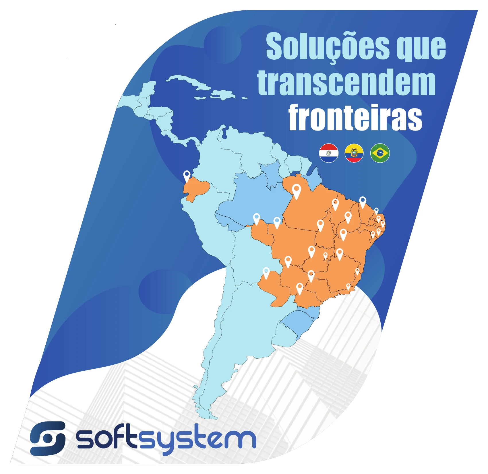 Mapa institucional: presença do Pegasus em diversas regiões do Brasil, Equador e Paraguai